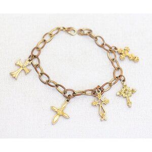 8 inch, Vintage Gold Tone Variety Cross Charms Elegant Charm Bracelet - AB2